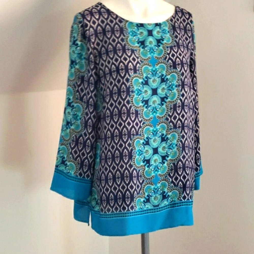 Rose & Olive Womens Geometric Print Multicolor  Tunic Top green blue black, Sz M